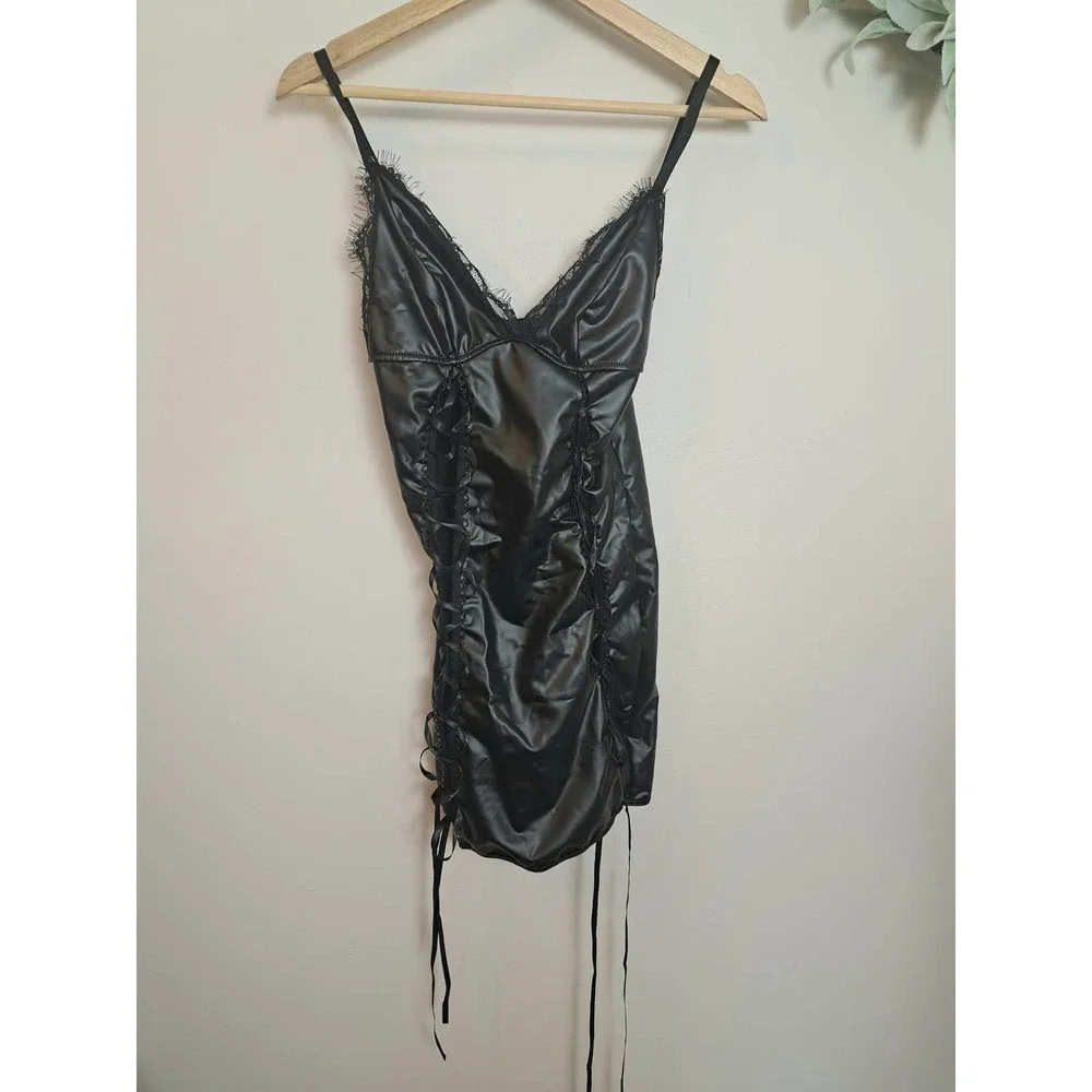 Women's Black Lace Up Lingerie Chemise Slip Dress Small